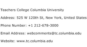 Teachers College Columbia University Address Contact Number