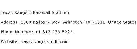 Texas Rangers Baseball Stadium Address Contact Number