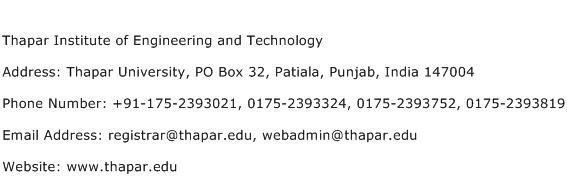 Thapar Institute of Engineering and Technology Address Contact Number