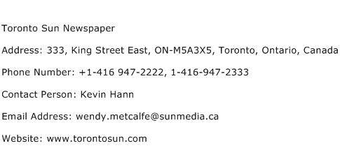 Toronto Sun Newspaper Address Contact Number