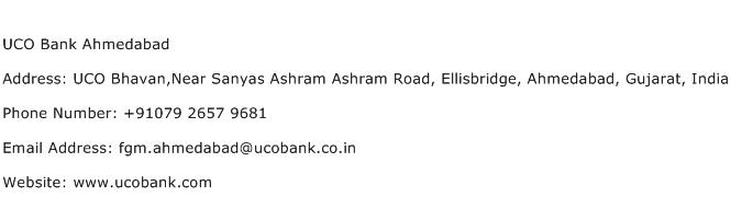 UCO Bank Ahmedabad Address Contact Number