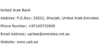 United Arab Bank Address Contact Number
