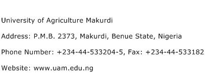 University of Agriculture Makurdi Address Contact Number