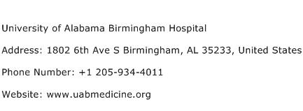 University of Alabama Birmingham Hospital Address Contact Number