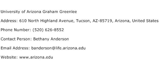 University of Arizona Graham Greenlee Address Contact Number
