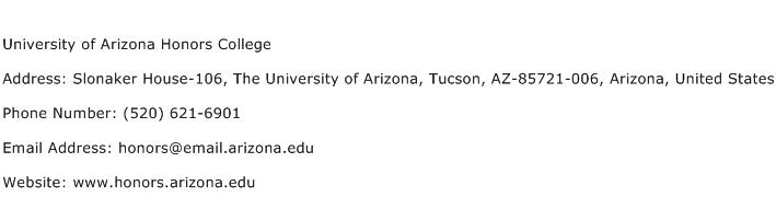 University of Arizona Honors College Address Contact Number