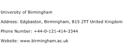 University of Birmingham Address Contact Number