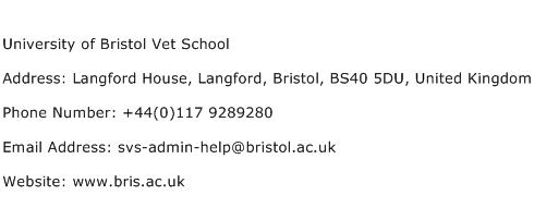University of Bristol Vet School Address Contact Number