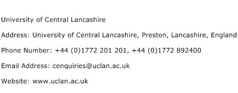 University of Central Lancashire Address Contact Number