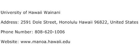 University of Hawaii Wainani Address Contact Number