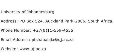 University of Johannesburg Address Contact Number