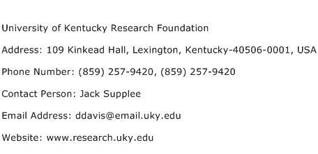 University of Kentucky Research Foundation Address Contact Number