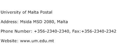 University of Malta Postal Address Contact Number