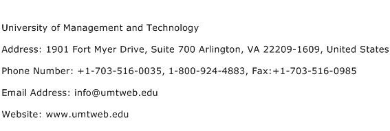 University of Management and Technology Address Contact Number