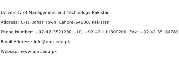 University of Management and Technology Pakistan Address Contact Number