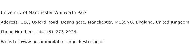 University of Manchester Whitworth Park Address Contact Number