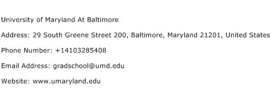 University of Maryland At Baltimore Address Contact Number