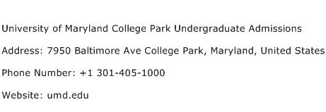 University of Maryland College Park Undergraduate Admissions Address Contact Number