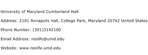 University of Maryland Cumberland Hall Address Contact Number
