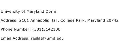 University of Maryland Dorm Address Contact Number