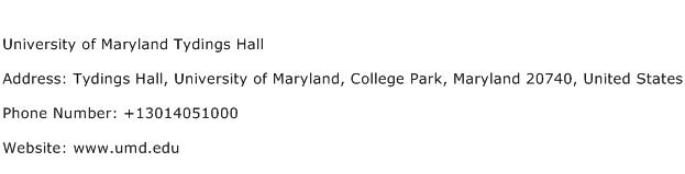 University of Maryland Tydings Hall Address Contact Number