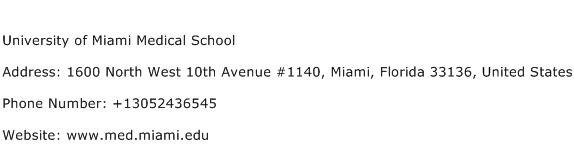 University of Miami Medical School Address Contact Number