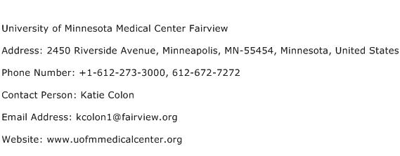 University of Minnesota Medical Center Fairview Address Contact Number
