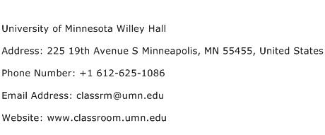 University of Minnesota Willey Hall Address Contact Number
