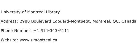 University of Montreal Library Address Contact Number