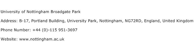 University of Nottingham Broadgate Park Address Contact Number