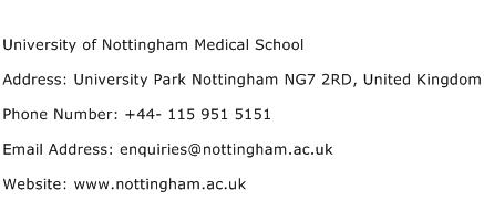University of Nottingham Medical School Address Contact Number