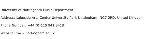 University of Nottingham Music Department Address Contact Number