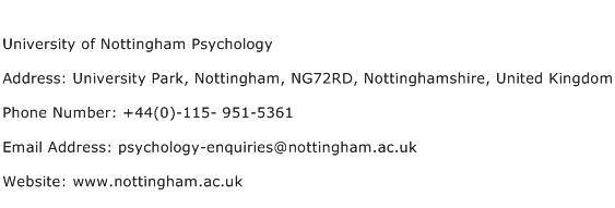 University of Nottingham Psychology Address Contact Number