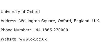 University of Oxford Address Contact Number