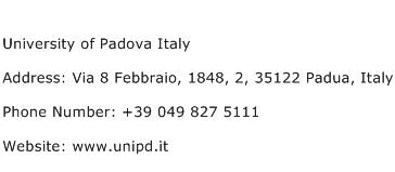 University of Padova Italy Address Contact Number