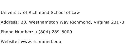 University of Richmond School of Law Address Contact Number