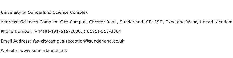 University of Sunderland Science Complex Address Contact Number