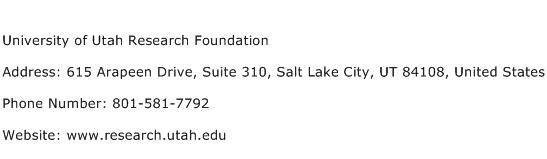 University of Utah Research Foundation Address Contact Number