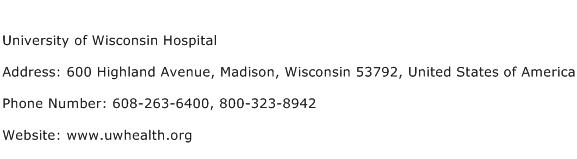University of Wisconsin Hospital Address Contact Number
