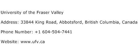 University of the Fraser Valley Address Contact Number