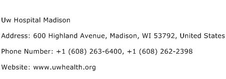 Uw Hospital Madison Address Contact Number