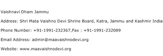 Vaishnavi Dham Jammu Address Contact Number