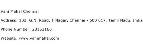 Vani Mahal Chennai Address Contact Number