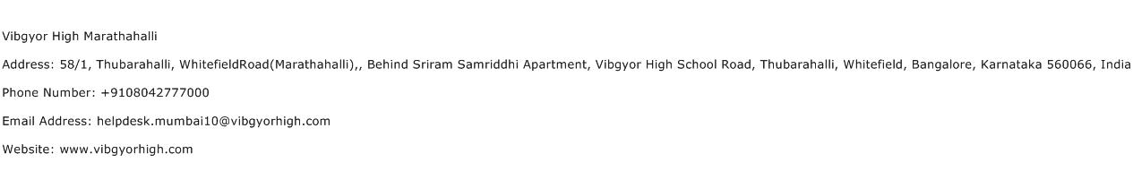 Vibgyor High Marathahalli Address Contact Number