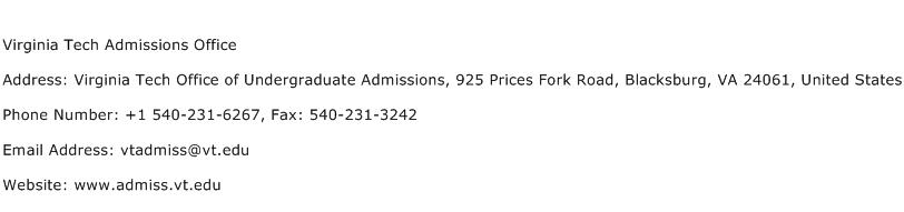 Virginia Tech Admissions Office Address Contact Number
