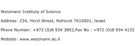 Weizmann Institute of Science Address Contact Number