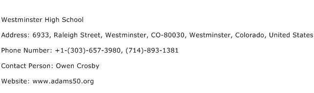 Westminster High School Address Contact Number