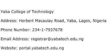 Yaba College of Technology Address Contact Number