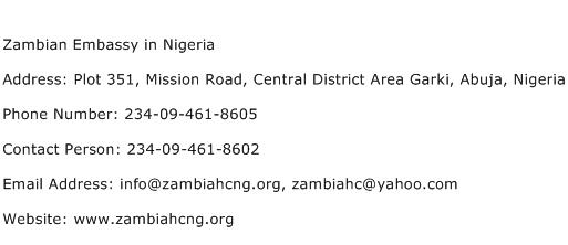 Zambian Embassy in Nigeria Address Contact Number