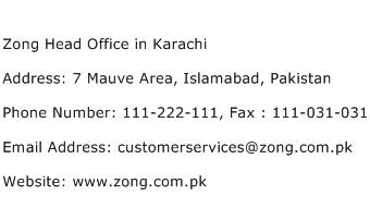 Zong Head Office in Karachi Address Contact Number
